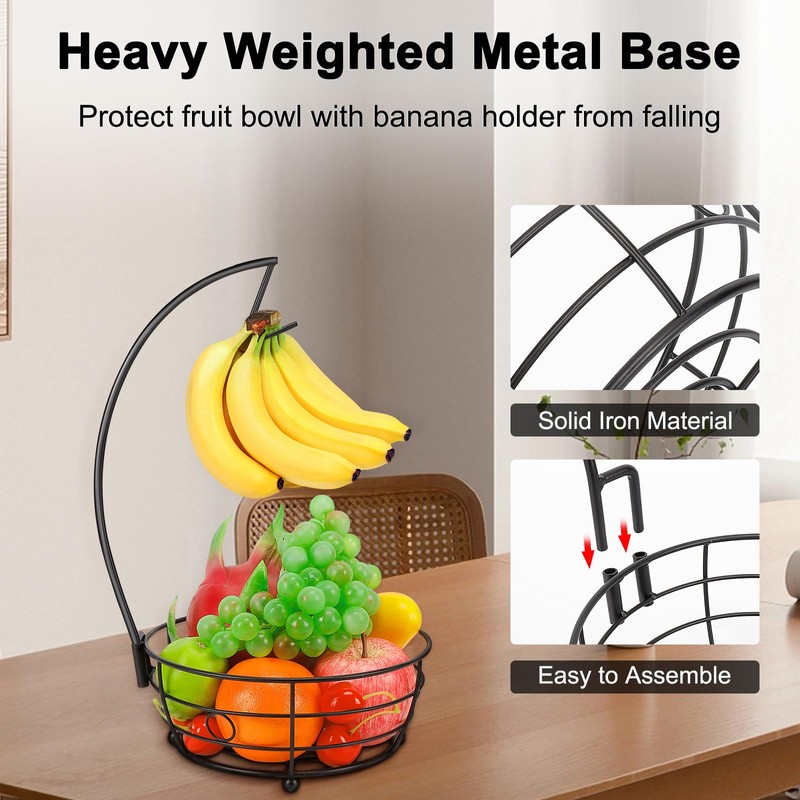 Livabber Countertop Fruit Basket Bowl with Banana Hanger, Modern Standing