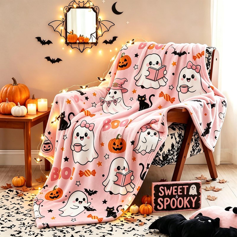 Halloween Pink Ghost Blanket Throw, Pumpkin Black Cat Throw Decor
