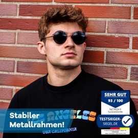 Netrox® Round Sunglasses in Retro Style, UV400 Protection Lenses, Unisex Glasses Including Case and Microfibre Bag, Vintage 70s Metal Frame with Mirrored Glass, Black-black