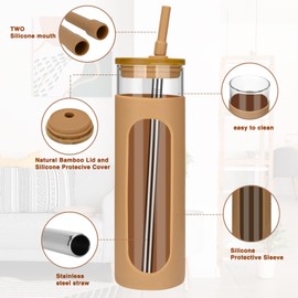 Tronco 26oz Glass Tumbler with Bamboo Lid and Straw, Glass Cup For Boba,Iced Coffee,Smoothie, Spill Proof Glass Water Bottle With Silicone Protective Sleeve, Dishwasher Safe,BPA Free