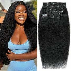 14 Inch Kinky Straight Clip in Hair Extensions Real Human Hair 8Pcs 130g Kinky Clip Ins Full Head Brazilian Remy Hair Extensions for Women Natural Black Double Weft With 20 Clips