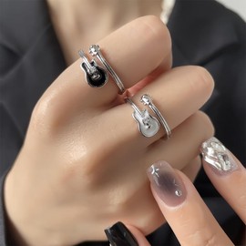 AREUM Guitar Ring, White, Black, Set of 2, Guitar Ring, Adjustable, Spoon Ring, Musical Instrument Accessories, 2 Pieces