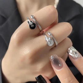 AREUM Guitar Ring, White, Black, Set of 2, Guitar Ring, Adjustable, Spoon Ring, Musical Instrument Accessories, 2 Pieces
