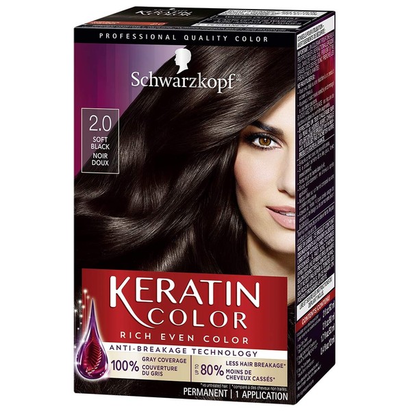 Schwarzkopf Keratin Color Permanent Hair Color Cream, 2.0 Soft Black(Packaging May Vary)