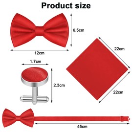 URAQT Men's Bow Tie, 3-Piece Classic Plain Bow Ties with Pocket Square Cufflinks for Men, Tuxedo Bow Tie with Hook, Narrow Bow Tie for Wedding Party (Red)