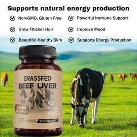 Generic Grass Fed Beef Liver Capsules, Supports Energy Production, Detoxification, Digestion, Immunity and Full Body Wellness, Non-GMO, Gluten Free, Freeze Dried Liver Health Supplement, 90 Capsules (1pcs)