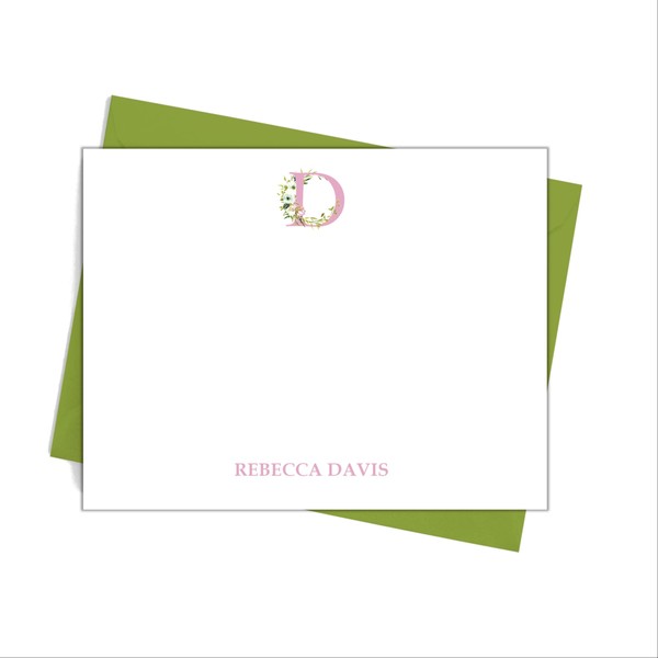 Floral Initial Flat Note Cards with Envelopes, Single Letter Monogram