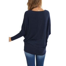 MIHOLL Womens Batwing Sleeve Shirts 2025 Casual Loose Dolman Boat Neck Tunic Tops(Navy Blue,Large)