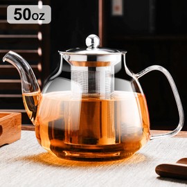 PARACITY Glass Teapot Stovetop 50 OZ/1500ml, Tea pot with Removable 18/8 Stainless Steel Infuser, Borosilicate Clear Tea Kettle, Teapot Blooming and Loose Leaf Tea Maker Tea Brewer for Camping, Travel