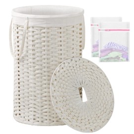 SETVSON Large Laundry Hamper Laundry Basket Round 34.3 Gal (130 L) Handwoven Wicker Laundry Baskets Rattan Laundry Basket with Laundry Bag Handles 2 Mesh Bags for Living Room Bedroom White