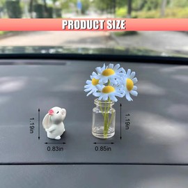 ZIMISI Cute Rabbit Car Dashboard Decorations, Mini Bunny Rearview Mirror Accessories with Daisy Flower, Funny Aesthetic Decoration Ornament, Kawaii Car Accessories for Women (Blue)