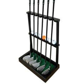 GACCO BILLIARDS Golf Club Holder Stand, Wooden Golf Putter Stand Floor Display Rack, Golf Club Organizer Hold up to 6 Clubs and Ball Storage, Putter Rack for Indoor Club Simulator or Office (Black)