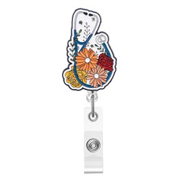 Stethoscope Badge Reel,Cute Flora Acrylic Badge for ID Card Badge,Fun Keep Working Telescoping Retractable Badge Holder Alligator Clip Accessories for Nurse,Medical Worker,Nursing Student,Teacher