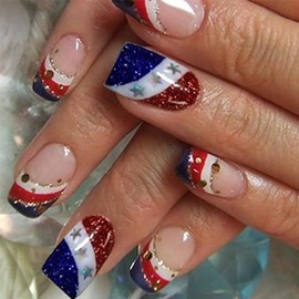 Generic 4th of July Press on Nails Independence Day False Nails USA Flag Short Square Fake Nails Full Cover Acrylic Nails with Design American Patriotic Nails Manicure Decoration