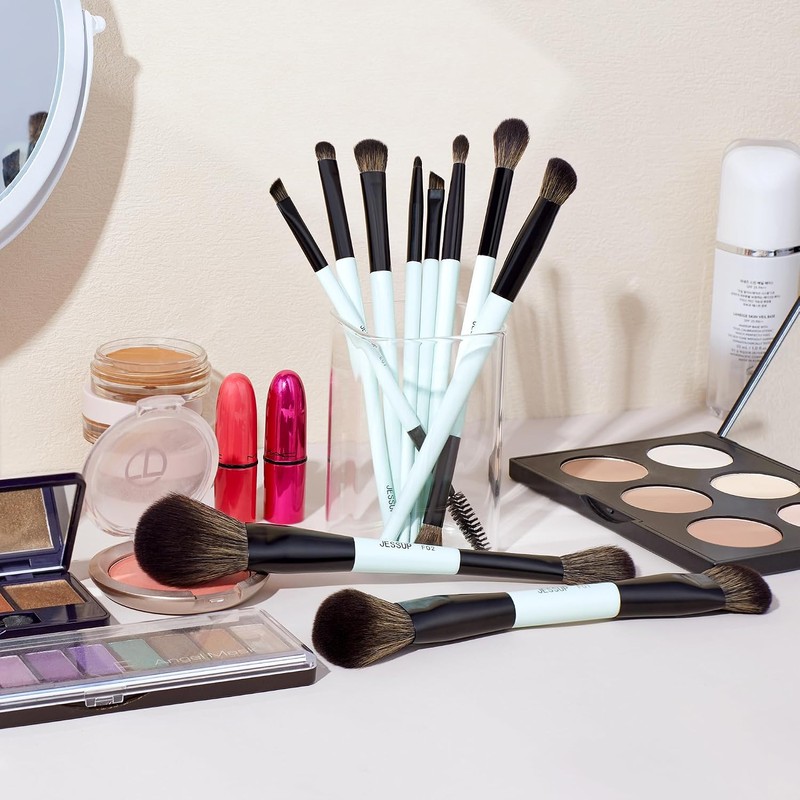Jessup Set 10 Brochas para Maquillaje Doble Punta para Rostro