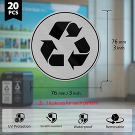 YIKIADA 20 Pack Recycle and Trash Stickers 3 × 3 Inches Vinyl Round Weatherproof Self Adhesive Sign for Waste Bins Home Business Office