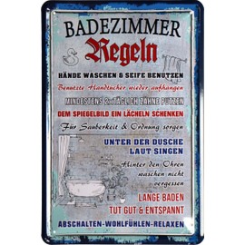 WOGEKA ART Retro Tin Sign - Bathroom Rules - Funny Saying as Gift Idea for Decoration, 20 x 30 cm, Metal in Vintage Design 1487