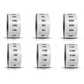 Discount Sizing XS-XXL Clothing Size Strip Labels 1.25" x 5" 1 Roll Each Size 125 Adhesive Stickers Per Roll 750 Adhesive Stickers Per Set, Clear Label with White Capsule and Black Ink