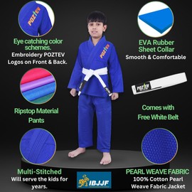 POZTEV Kids Brazilian Jiu Jitsu Gi for Kids BJJ Gi Youth Grappling Kimonos Preshrunk Lightweight Children Martial Arts Training Uniform with Free White Belt (BL,K00)