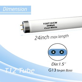 6pack 24 inch F20T12/CW 20W Fluorescent Light Bulb, 2FT 20 Watts 4100K Cool White, T12 Tube Dia 1.5 inch,G13 Base,1200 Lumen High Brightness