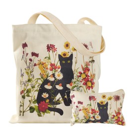 VADOO Canvas Tote Bag - with Zipper & Small Pouch, Cute Shoulder Bag for Women Reusable Large Tote Bag for Gym, College, Travel, Library, Shopping (Cat)