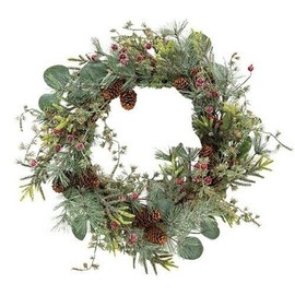 Unbranded New Farmhouse Christmas FROSTED MOUNTAIN PINE RED BERRY WREATH Mixed Greens 24"