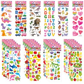 Jsdoin 50 Sheets Puffy Stickers for Kids, 1000+ Children 3D Stickers Party Bag Filler for Party Rewarding Gifts Scrapbooking Including Animals Letter Fish Dinosaurs Numbers Fruits Trucks Airplane