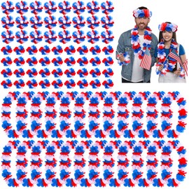 Tlswshsy 96 Pcs Patriotic Hawaiian Leis Set, 4th of July Hawaiian Floral Lei with Headband and Bracelets, Memorial Day Luau Leis Necklaces for Tropical Beach Themed Party Favor and Decoration