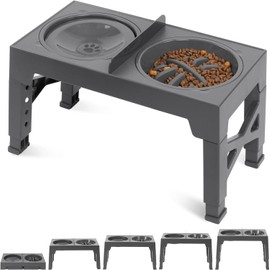 Elevated Dog Bowls, 2-in-1 Dog Feeder with 2 Stainless-Steel Bowls and 1 Slow Feeder Dog Bowls, 5 Heights Adjustable Raised Dog Bowls Stand for Large Medium Dogs, Dog Food Bowls Non-Slip & Anti-Dust