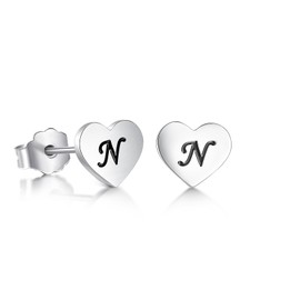 Avecon Heart Stud Earrings 7mm Heart Shaped with A-Z Letter Hypoallergenic Earrings for Women Platinum Plated(Letter N)