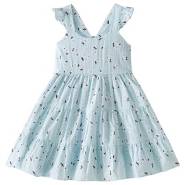 Toddler Dress Flutter Sleeveless Princess Cotton Summer Floral Dresses, Blue Floral, Szie 18-24 Months