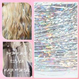 AIFIHIYI Hair Tinsel Kit with Tools 48 Inch 1200 Strands Silver Tinsel Hair Extensions Fairy Hair Tinsel Kit Heat Resistant Sparkling Glitter Tensile Hair Accessories for Girls Women (Silver)