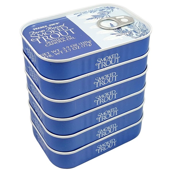 Trader Joe's Smoked Trout Fillets in Oil Skinless 3.9 oz Tin, (6 Pack)