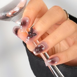 Sethexy Burgundy Gradient Handmade Press on Nails Medium Coffin Fake Nails Acrylic Fake Nail with Design Glossy Salon Stick On Nails for Women and Girls 10PCS (X)