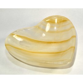 5.1" 305g Banded Yellow/Amber Onyx Heart Bowl Polished Natural Sardonyx Gemstone Crystal Mineral Specimen - Mexico + One Clear Quartz Cabochon