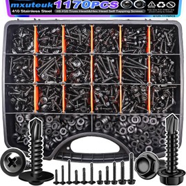 mxuteuk 1170PCS #8#10 Self Tapping Screws for Metal,410 Stainless Steel Self Drilling Screws,Truss Head & Hex Head 1/2" to1-1/4'' Self Tapping Screw for Plastic(800pcs Screw+370pcs Washer)