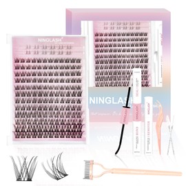 NINGLASH Vibes Lash Clusters Kit Wispy DIY Eyelash Extension Kit, Individual Lashes Kit Thin Band Natural Cluster Lashes 156 pcs, Lash Bond and Seal Lash Remover Lash Tweezers Comb Brush