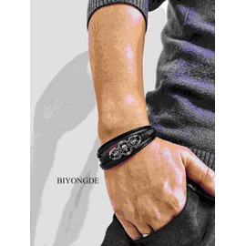 BIYONGDE Mens Black Leather Skull Bracelet, Multi-Strand Black Leather with Three Skulls Stainless Steel Gothic Plate ID Bracelet for Men, Punk and Rock Style