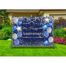 ZJRBJB 8x6ft Happy Anniversary Backdrop Navy Silver Glitter Diamond Background for Cheer to Years Wedding Anniversary Bridal Shower Party Decoration Photo Backdrop Miss to Mrs Background