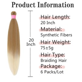 MSBELLE Blonde Braiding Hair Pre Stretched,20 Inch 6 Pack Prestretched Ombre Braiding Hair Extensions for Women Synthetic Soft Yaki Texture Crochet Braids Hair Extensions (27/613#)