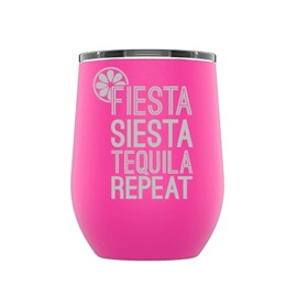 Laser Engraved Fiesta, Siesta, Tequila, Repeat Stainless Steel Powder Coated Tumbler Splash Proof Lid 2 Straws*, Triple Wall Vacuum Insulated, Coffee Cup Travel Camping (Pink, Stemless)