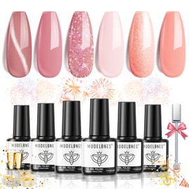 Modelones UV Nagellack, 6 Farben Gel Nagellack UV mit Magnet, Cat Eye Gel UV Nagellack Set Rosa Nude Glitzer Shellac Nagellack Soak Off French Manicure DIY zu Hause Geschenke für Frühling Sommer, 7 ml