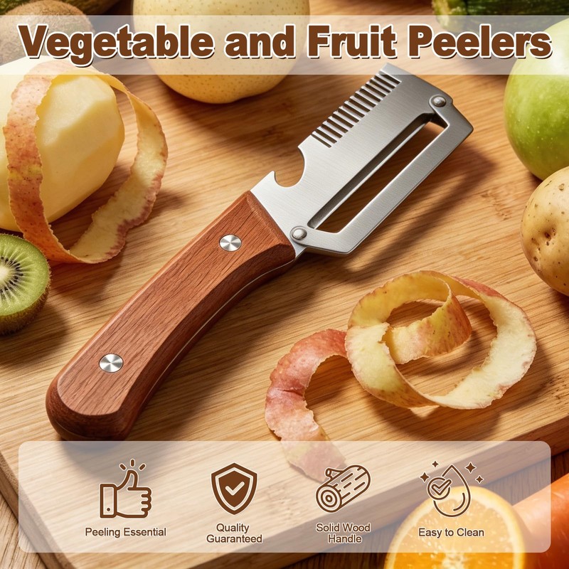 Vegetable Peeler with Wooden Handle, 3-in-1 Stainless Steel Julienne Peelers