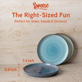 Sweese Porcelain Dessert Plates 7.4 Inch - Round Salad/Appetizer Plate Set, Microwave Dishwasher Safe, Set of 6, Cool Assorted Colors