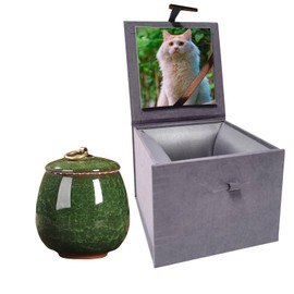 Umberdom Ceramic Dog Urn Cat Urn Handicrafted Ashes Keepsake Memorial Gift, Malachite Green with Photo Display Box