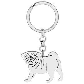BAMAY Stainless Steel Dog Breed Keyring Pug Chihuahua Labrador Yorkshire Corgi Puppy Keyring Charms Dog Gifts for Women Girls, Silver plated pug