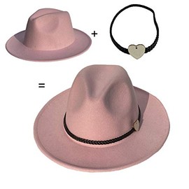 JK Home Wide Brim Fedora Hat - Felt Panama Cap - 2pcs Adjustable Bands - Vintage Style Cosplay Pink