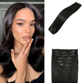 18In Natural Black Clip In Hair Extensions 8A Grade Ombre Full Head Long Straight 100% Human Hair In Extensions 70g7PCS(18In#1B)
