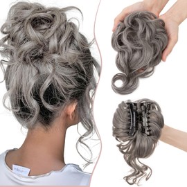 SEGO Tousled Updo Hair Bun Donut Synthetic Thick Hair Chignon, 75G Dark Grey, Claw Messy Bun Hairpieces Wavy Curly