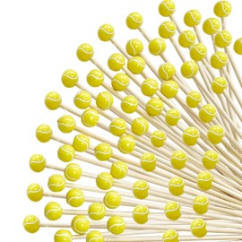 200Pcs Tennis Cocktail Picks,4.7 inch Tennis Decorative Sports Ball End Cocktail Skewers Fruit Toothpicks Wooden Decorative Cocktail Picks for Appertizes Fruit Food Tennis Theme Sport Party favors